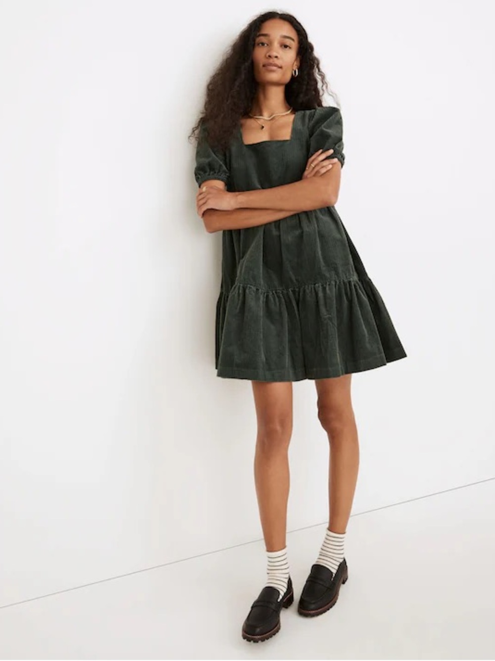 Madewell Corduroy Aidy Square-Neck Tiered Mini Dress in Forest